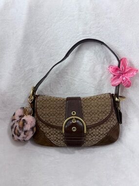 Coach Brown Signature Canvas Shoulder Bag with Dark Brown Trim and Gold Hardware
